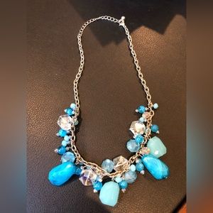 9.5” blue, silver, clear necklace, CJ Banks. Stones, clear faceted, blue beads.